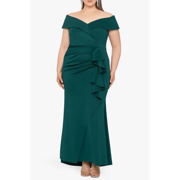 Xscape Evenings Off the Shoulder Ruffle Scuba Gown Hunter Green Size 12 NWT - Picture 1 of 16